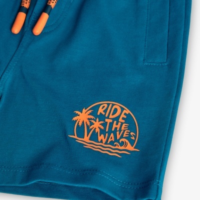 Calções azuis com cordões laranja e estampa laranja RIDE THE WAVES