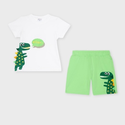 Conjunto infantil t-shirt branca e calções verdes com dinossauro e texto ROAR!