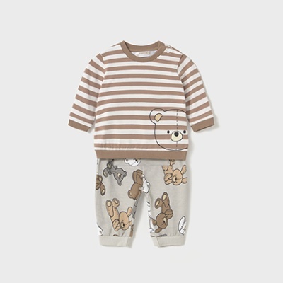 Conjunto roupa bebé camisola às riscas e calças com ursos