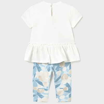 Conjunto infantil com t-shirt branca e calças florais azuis e bege