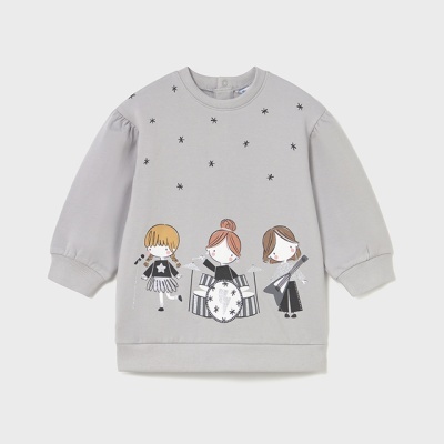Sweatshirt cinza infantil com desenho de três meninas a tocar instrumentos musicais