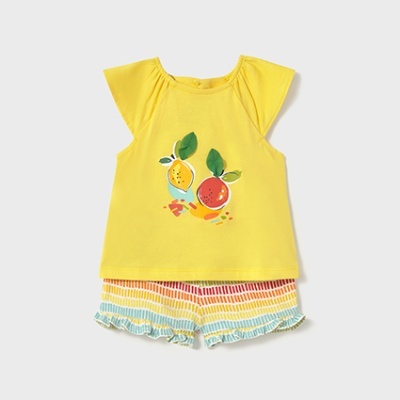 Conjunto infantil amarelo com t-shirt de fruta e calções riscado multicolor