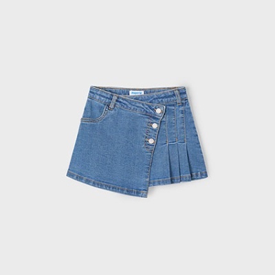 Mini saia de ganga azul com botões e pregas
