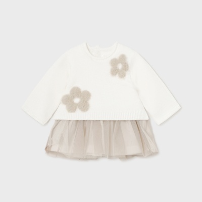 Vestido de criança branco com flores bege e saia de tule bege
