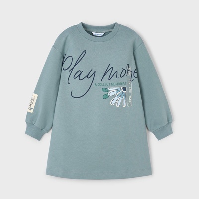 Vestido azul esverdeado com texto e flor estampados na frente e punhos canelados