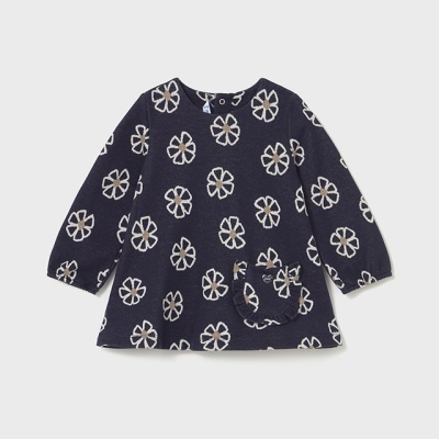 Casaco infantil azul-escuro com flores brancas e bege e bolso frontal