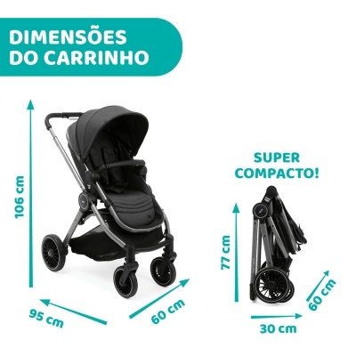 Carrinho de bebé preto com dimensões e indicação de ser super compacto