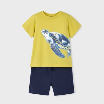Conjunto infantil com t-shirt amarela estampada com tartaruga e bermuda azul escura