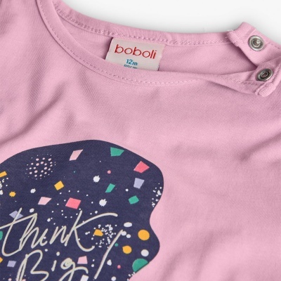 Camisola de bebé rosa com estampado colorido e texto Think Big, etiqueta boboli 12m 80cm
