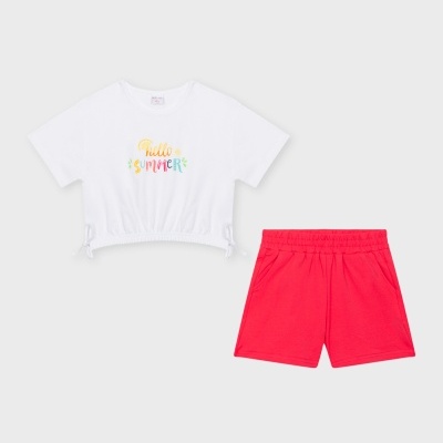 Conjunto infantil t-shirt branca com estampa colorida e calções vermelhos