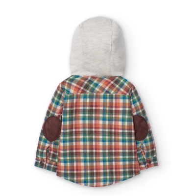 Camisa infantil xadrez com cotoveleiras castanhas e capuz cinzento