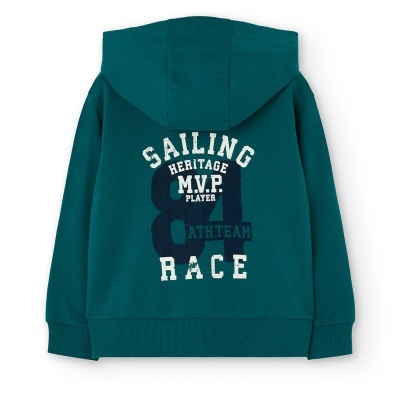 Casaco azul esverdeado com capuz e estampado branco e azul escuro