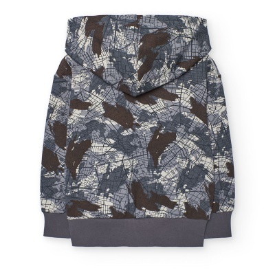 casaco com capuz camuflado para criança em tons cinza, castanho e creme