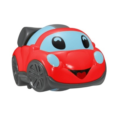 Brinquedo carrinho vermelho e azul com olhos grandes