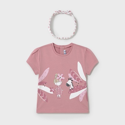 T-shirt rosa infantil com estampa de menina e zebra e faixa de cabelo florida rosa