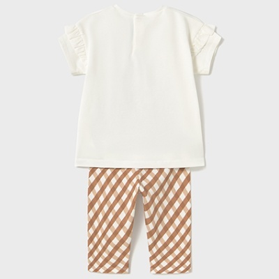 Conjunto infantil t-shirt branca e calças xadrez castanho e branco