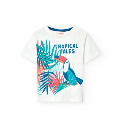 Camiseta de criança branca com estampado tropical e tucano.
