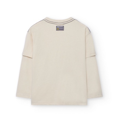 Camisola de manga comprida bege com etiqueta SOCIÉTÉ E BASIC na parte de trás do pescoço