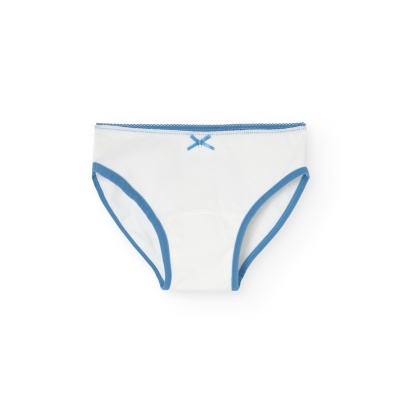 Cuecas de bebé brancas com bordas azuis e laço azul
