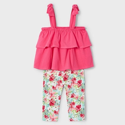 Conjunto de roupa infantil rosa com calças florais