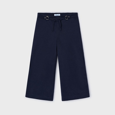 Calças azuis escuras com argolas metálicas e cordão na cintura