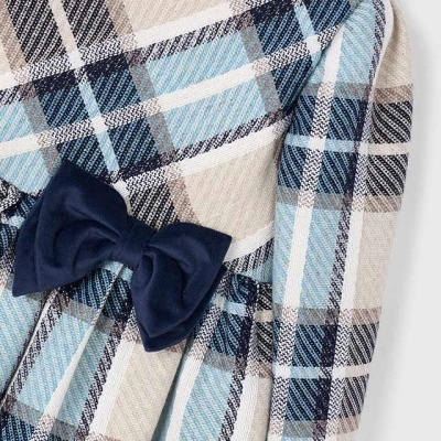 Vestido infantil manga comprida xadrez com laço azul escuro