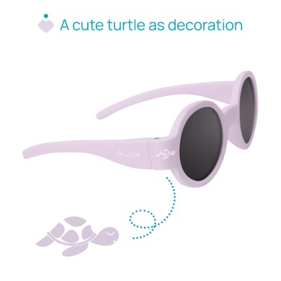 Óculos de sol lilás com armação redonda e lentes pretas, com decoração de tartaruga