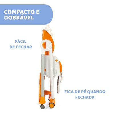 Produto dobrável branco e laranja com rodas em fundo branco e texto em azul