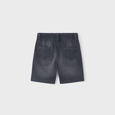 Calções de ganga pretos com cintura elástica e dois bolsos traseiros.