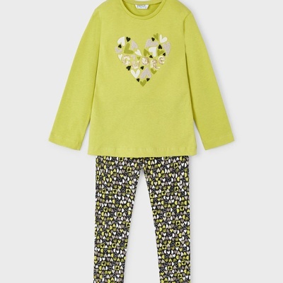 Conjunto infantil verde lima com camisola e leggings em padrão de corações
