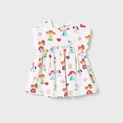Vestido de bebé com estampado de bonecas coloridas