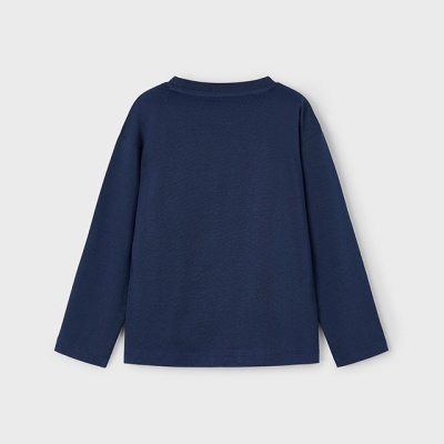 Camisola azul escura de manga comprida vista de trás