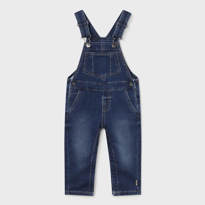 Jardineira criança em ganga azul escura com bolso e alças