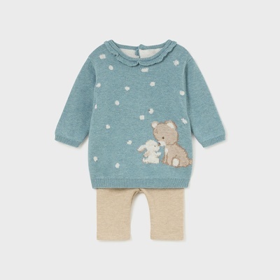 Conjunto para bebé azul com ursinho e coelhinho, calças beges