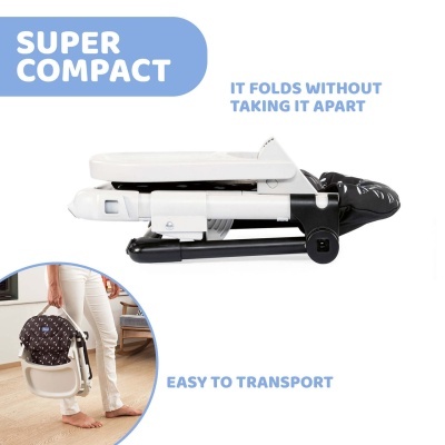 Produto dobrado compacto branco e preto com texto promocional em azul