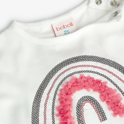 T-shirt branca para bebé com estampado circular e aplicação floral cor-de-rosa