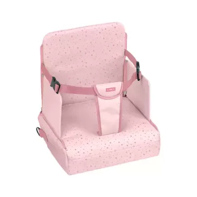 Cadeira portátil para bebé rosa com cinto de segurança e fechos pretos