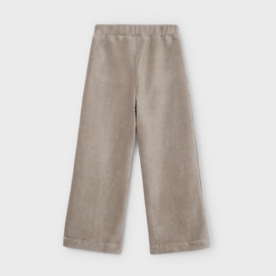 Calças de tecido cinza claro com corte largo e cintura elástica