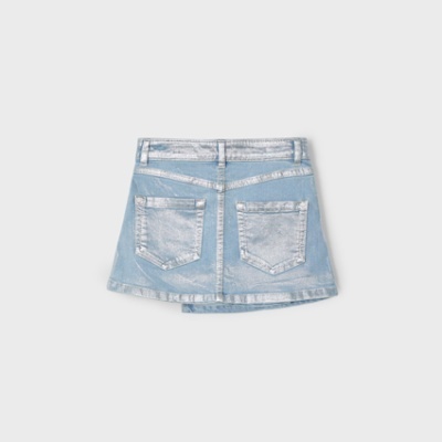 Mini saia jeans azul com efeito prateado e bolsos traseiros