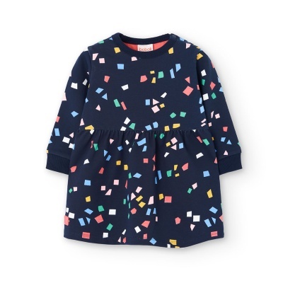 Vestido infantil azul escuro com padrão colorido de quadrados e retângulos