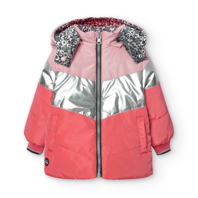 Casaco infantil acolchoado rosa, prateado e coral com capuz e fecho de correr