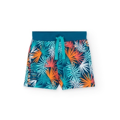 Calções de banho infantis com padrão tropical colorido e cós azul