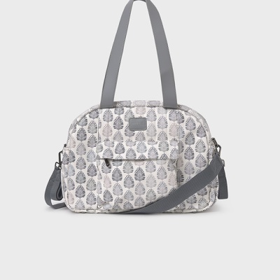 Mala com padrão de folhas cinzentas e brancas e alças cinzentas