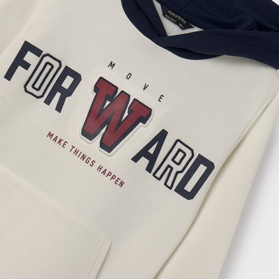 Sweatshirt bege com capuz azul escuro e estampa MOVE FORWARD MAKE THINGS HAPPEN