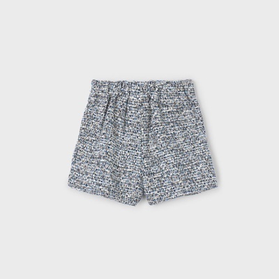 Calções com padrão tweed azul, branco e cinza com cós elástico