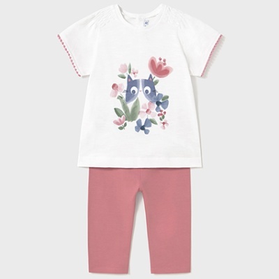 Conjunto infantil com t-shirt branca estampada e leggings rosa