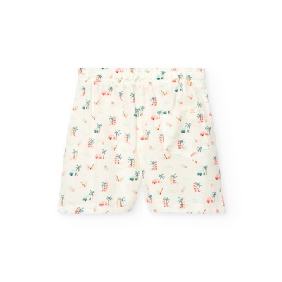 Calções de criança brancos com padrão de palmeiras e flamingos coloridos