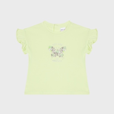 T-shirt verde clara de criança com estampa floral em forma de urso e folhos nas mangas