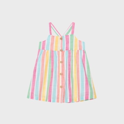 Vestido infantil às riscas coloridas com botões frontais e alças finas cruzadas