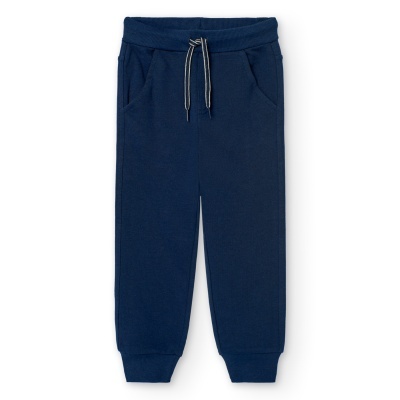 Calças desportivas azul escuro com cordão branco e azul na cintura